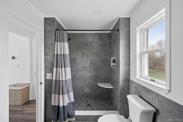 a bathroom with a toilet and a shower
