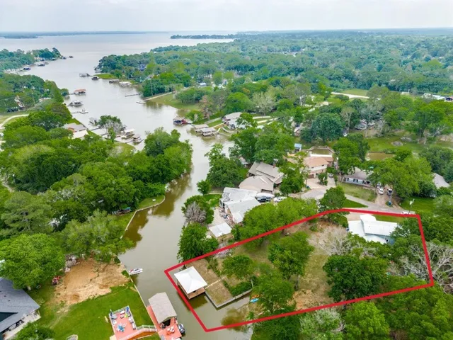 an aerial view of lake residential houses with outdoor space and trees
