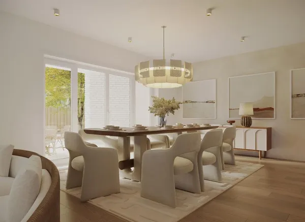 a living room with furniture and a chandelier