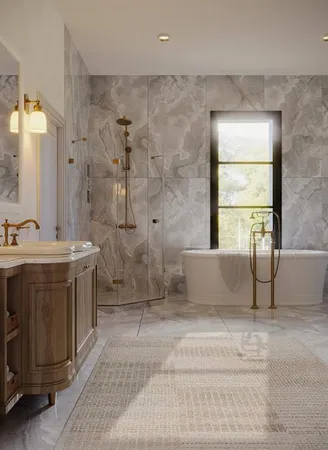 a bathroom with a double vanity sink a mirror and a bathtub