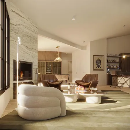 a living room with fireplace furniture and a wooden floor