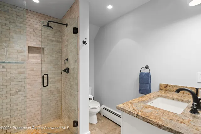 a bathroom with a granite countertop sink a toilet and shower