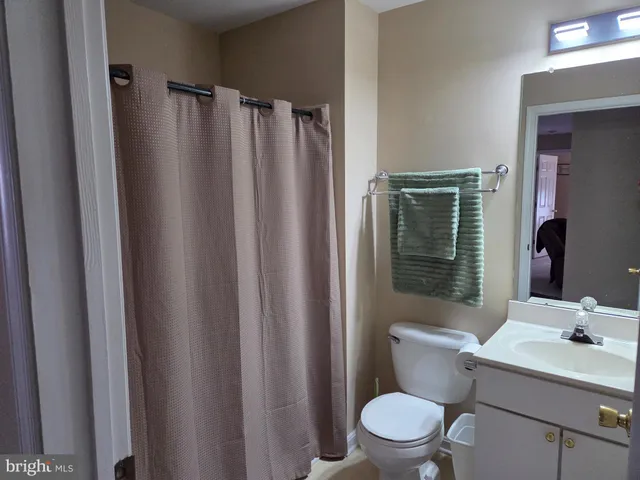 a bathroom with a sink a toilet a mirror and shower curtain