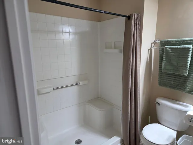 a bathroom with a shower and a toilet