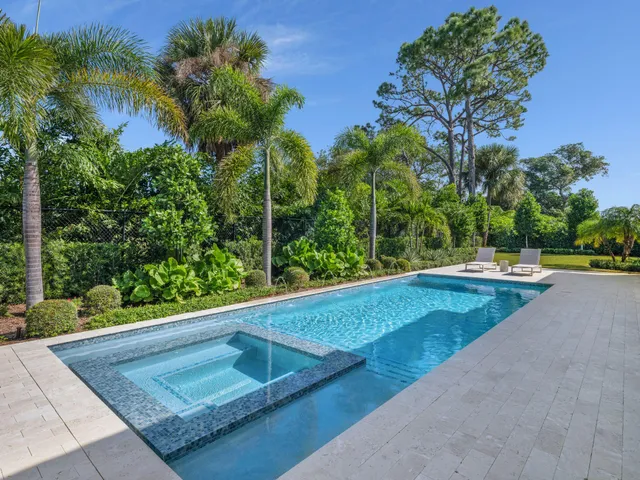 a view of a swimming pool with a yard