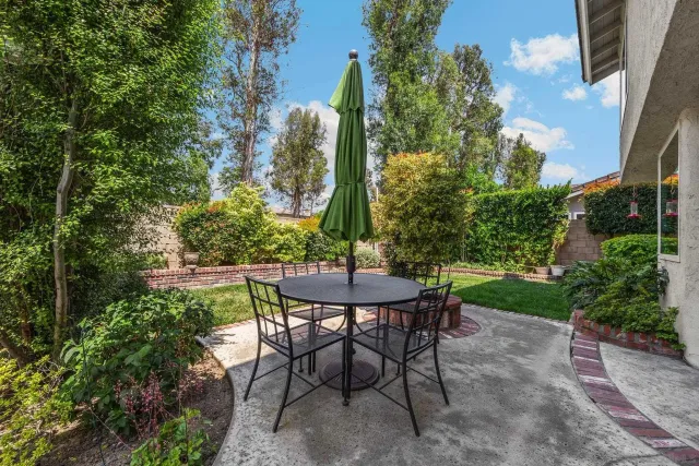 a view of a chairs and table in the garden