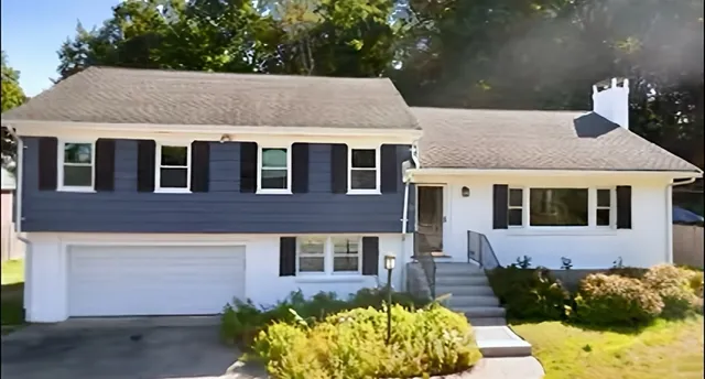 a aerial view of a house with a yard and potted plants