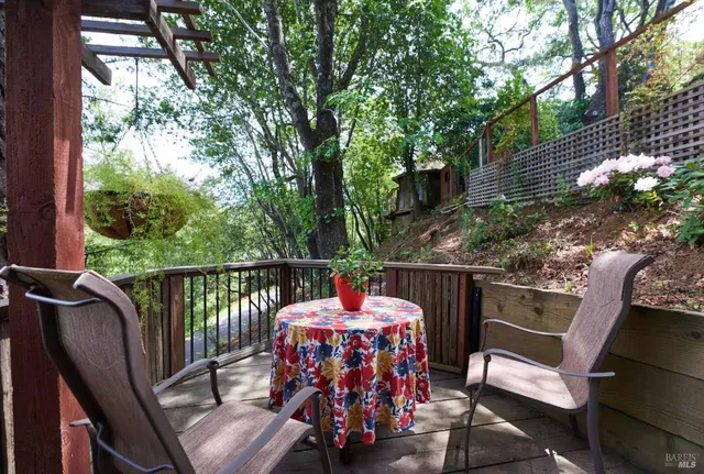 a patio with table and chairs