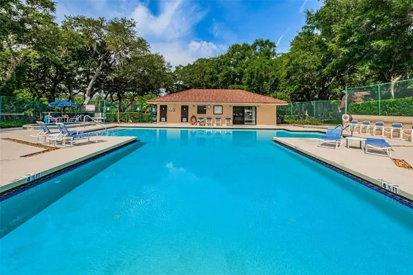a view of a swimming pool with lounge chair