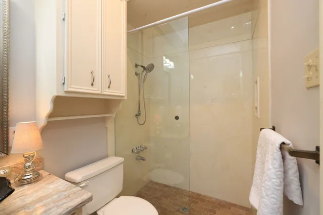 a bathroom with a shower a toilet and sink