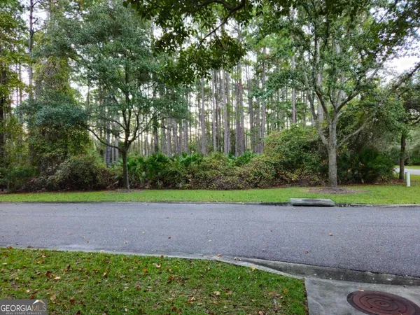 a view of a road with a big yard and large trees