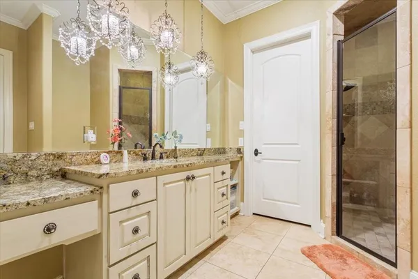 a bathroom with a granite countertop sink a mirror and a shower