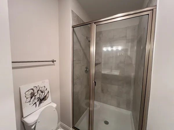 a bathroom with a shower and toilet