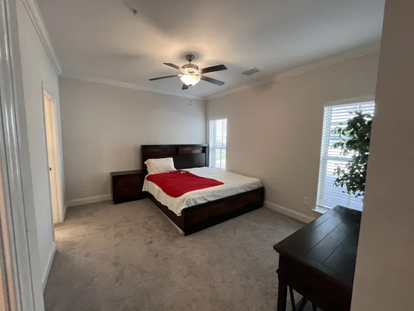 a bedroom with a bed and a potted plant