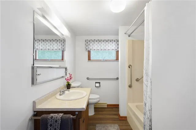 a bathroom with a shower and a toilet