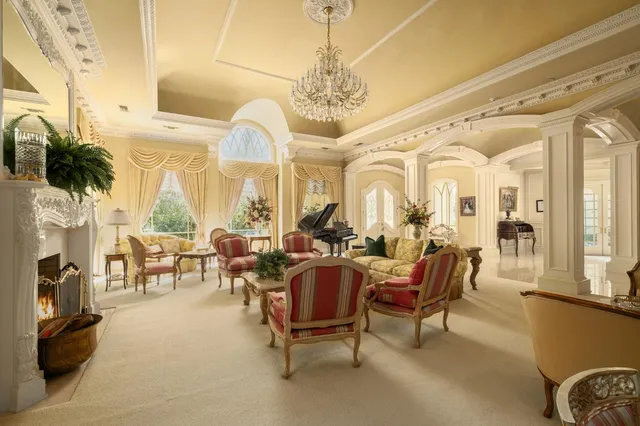 a living room with furniture a fireplace and a chandelier