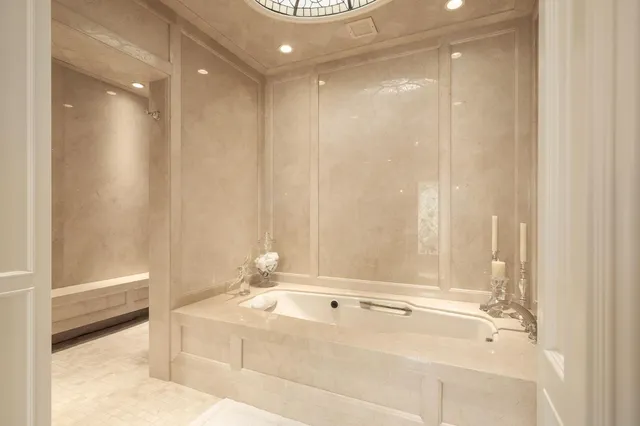 a garden view with a seating space