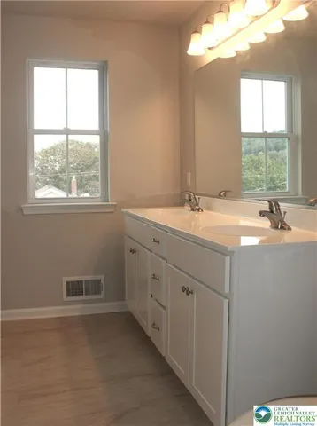a bathroom with a sink and a window