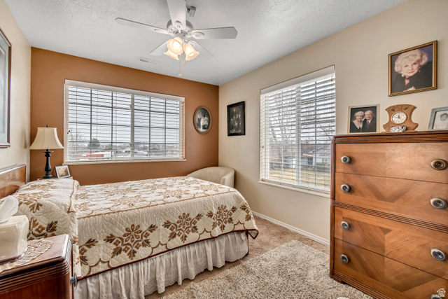 1697 North 500 West Mapleton, UT 84664 - Photo 19 of 50 Carpeted bedroom with a ceiling fan and a textured ceiling