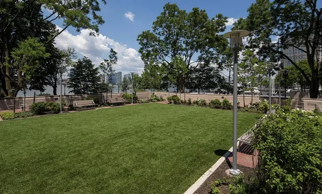 a view of a garden with a fountain