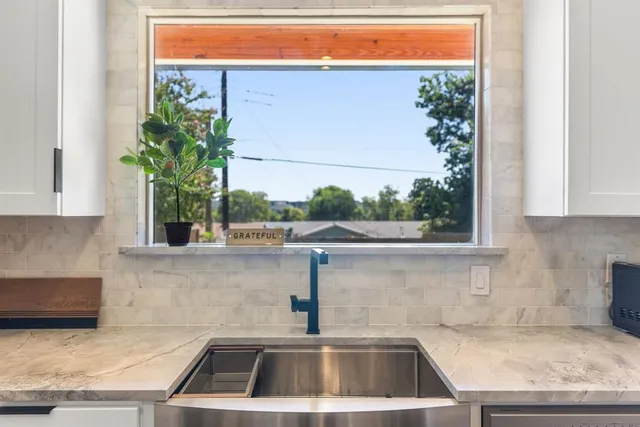 a kitchen with a sink and potted plant