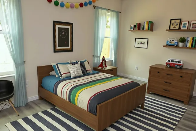 a bedroom with a bed and dresser