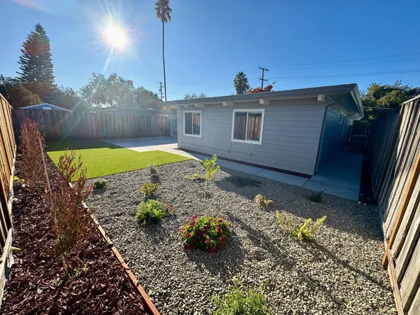 a view of a backyard with plants and a patio