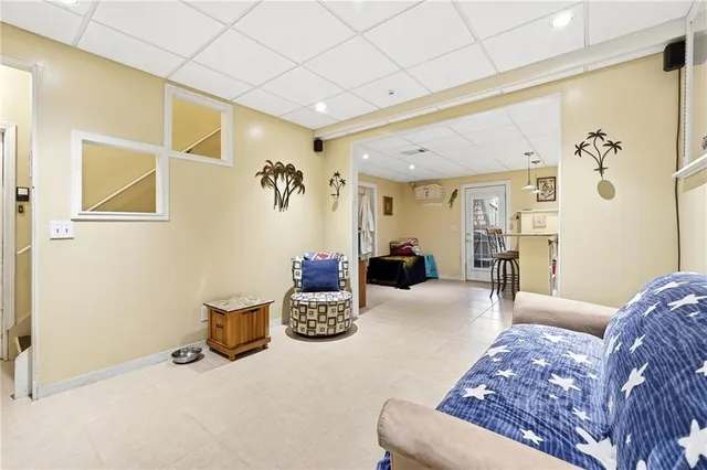 an aerial view of a house with outdoor space