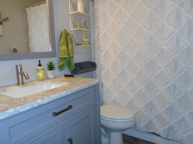 a bathroom with a granite countertop toilet sink and mirror
