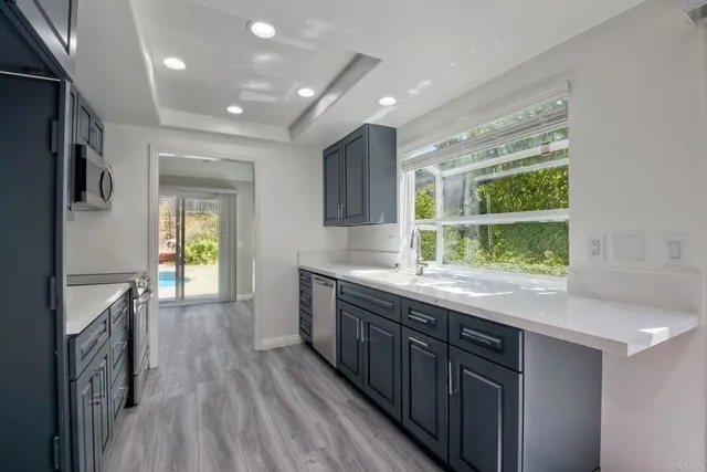 a kitchen with a sink and wooden floor