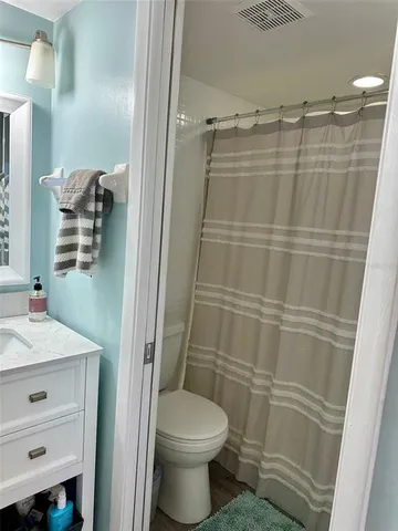 a bathroom with a shower toilet and sink