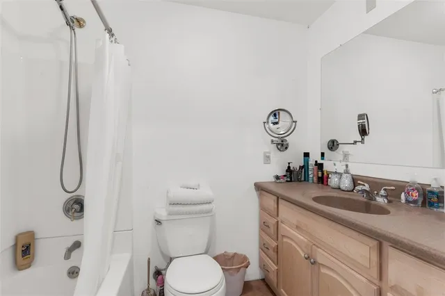 a bathroom with a sink a toilet and shower curtain