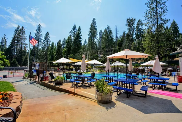 a view of a park with furniture