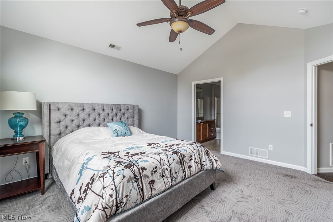 9151 Springfield Road, Unit 1902 Youngstown, OH 44514 - Photo 22 of 36 Carpeted bedroom with ensuite bathroom, ceiling fan, and vaulted ceiling