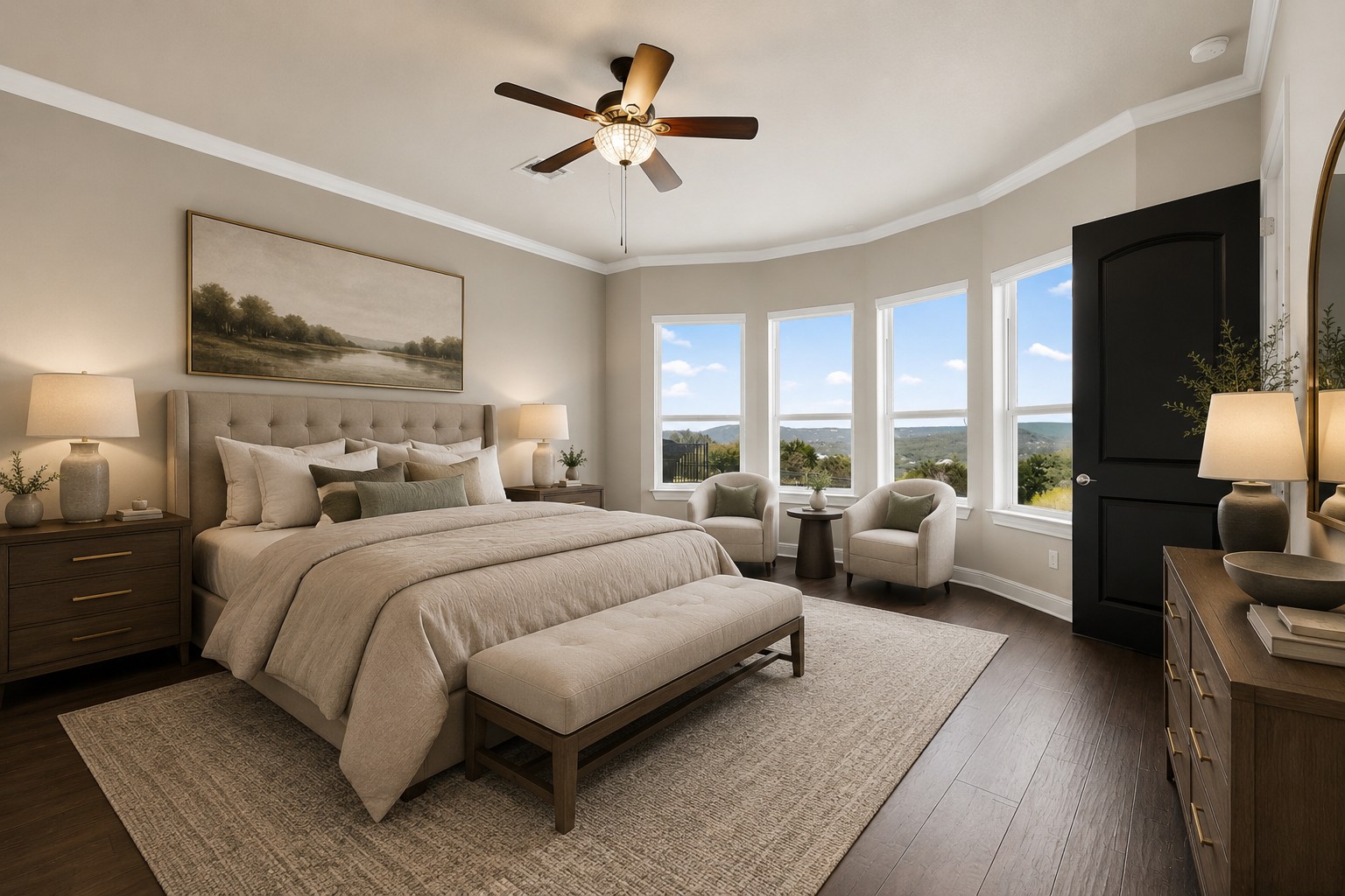 2617 Milan Meadows Drive Leander, TX 78641 - Photo 9 of 40 Indulge in serene comfort with captivating panoramic views from this elegant primary bedroom retreat.
