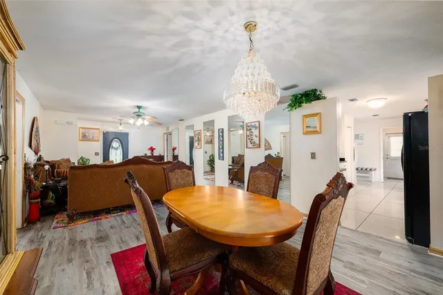 a view of a dining room with furniture