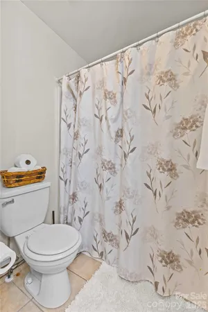 a white toilet sitting next to a shower curtain