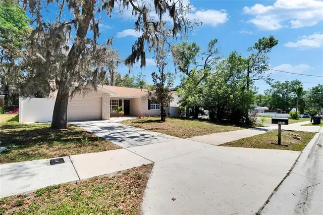 a view of a house with palm trees