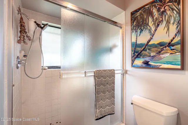 a bathroom with a shower and a toilet