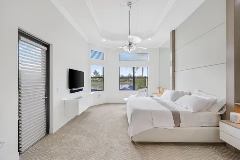 a bedroom with a bed and a flat screen tv