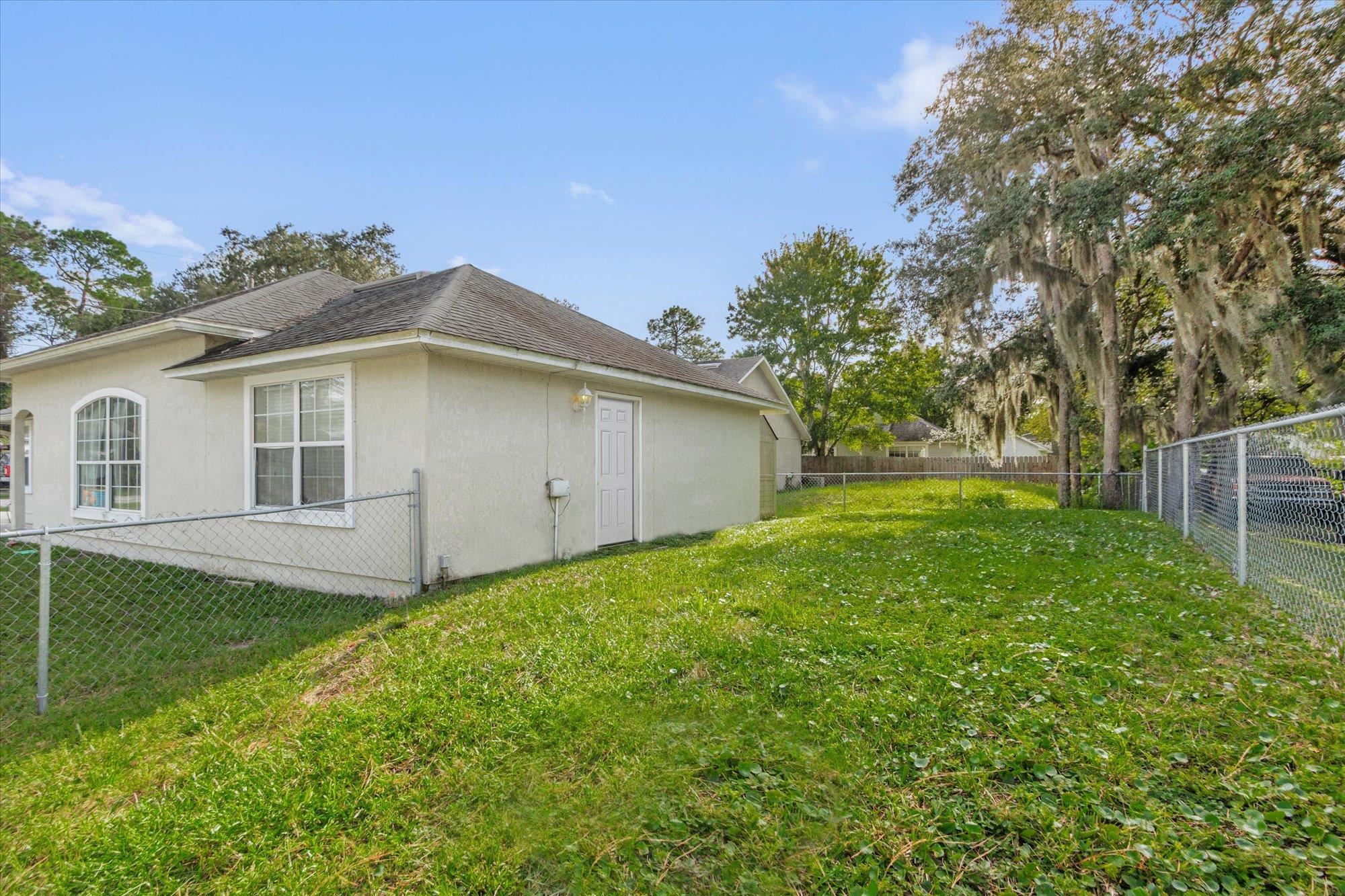 3372 4th Street Elkton, FL 32033 - Photo 29 of 36 View of home's exterior with a fenced backyard, stucco siding, and roof with shingles