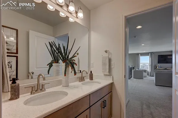 a bathroom with a double vanity sink a mirror and a shower