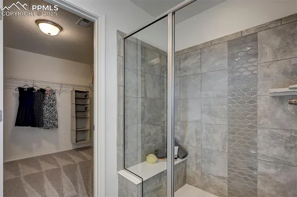 a bathroom with a shower and a sink