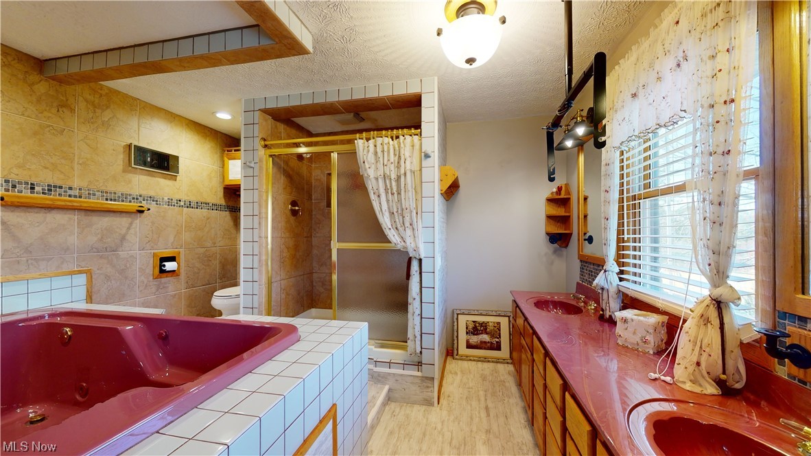 6755 State Rte 5 Ravenna, OH 44266 - Photo 21 of 34 Full bathroom featuring double sink, hardwood / wood-style floors, toilet, a textured ceiling, and independent shower and bath