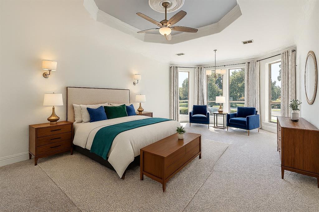 1000 Saddlebrook Drive Lucas, TX 75002 - Photo 22 of 39 Carpeted bedroom featuring a raised ceiling, ceiling fan, and ornamental molding