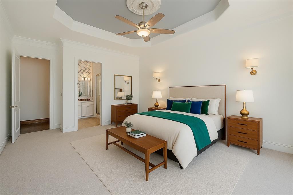1000 Saddlebrook Drive Lucas, TX 75002 - Photo 24 of 39 Bedroom featuring a raised ceiling, light colored carpet, connected bathroom, ceiling fan, and ornamental molding