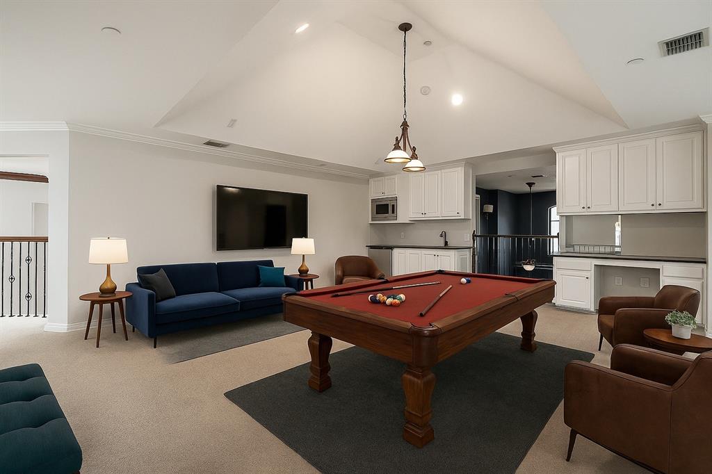 1000 Saddlebrook Drive Lucas, TX 75002 - Photo 25 of 39 Rec room with pool table, light carpet, recessed lighting, and high vaulted ceiling