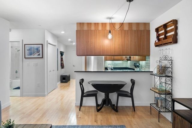 a view of a dining room with furniture