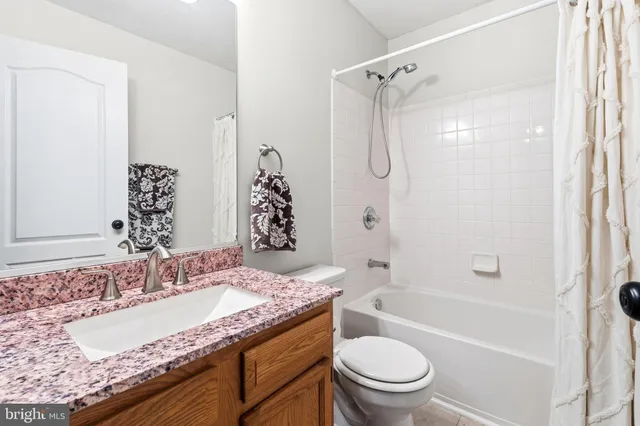 a bathroom with a granite countertop sink a toilet and shower