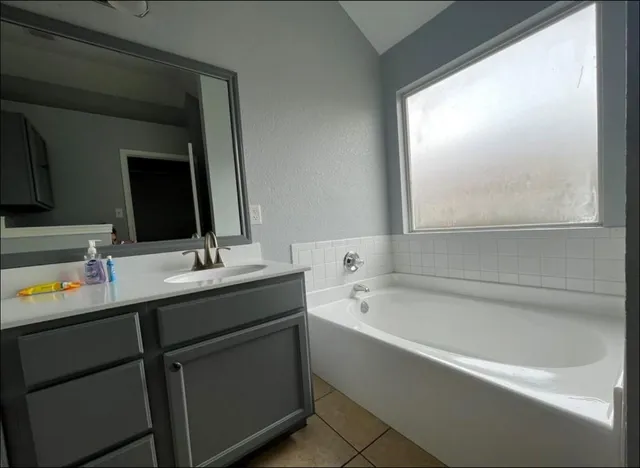 a bathroom with a tub sink and mirror